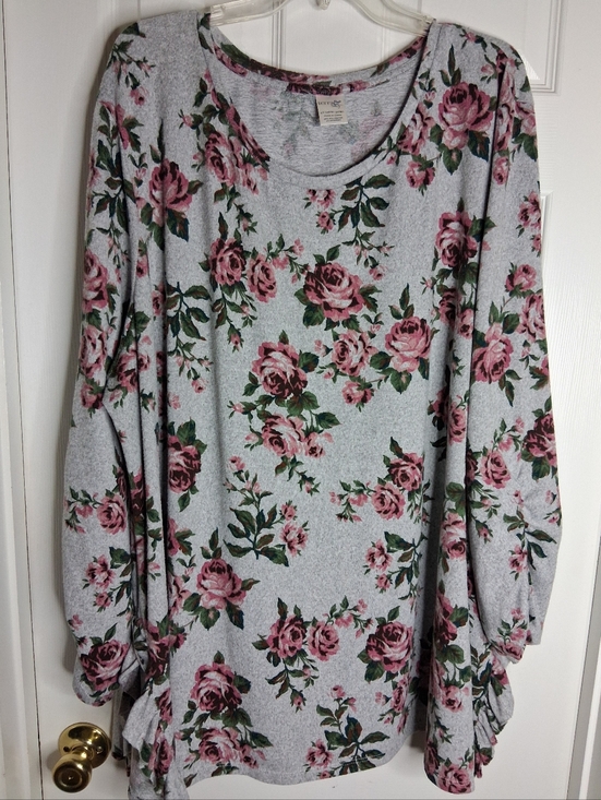 Terra & Sky Tops - Lightweight Fleece Like Grey Floral Pink Rose Ruched Sleeve Top - Women SZ 4X